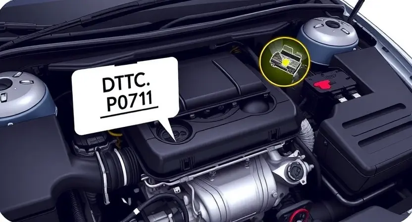 A detailed illustration of a car's engine bay with a diagnostic trouble code (DTC) light illuminated. The DTC code P0711 should be clearly visible on a dashboard display. Focus on the engine components and wiring, highlighting the potential issue.