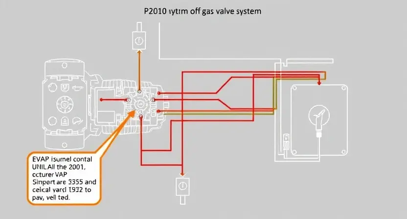 A detailed schematic diagram of an automotive engine control unit (ECU) with highlighted signal lines and components related to a P2010 error code (EVAP system off-gas valve system). The diagram should visually represent the flow of signals and potential points of failure. Focus on clarity and technical accuracy.
