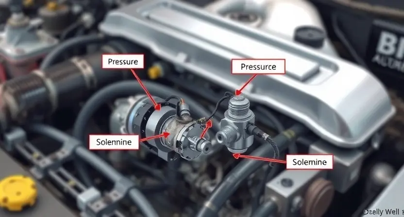 A detailed illustration of an automotive engine compartment, focusing on the pressure solenoid E. The solenoid should be clearly visible, with labels indicating its function. Include wiring and hoses connected to the solenoid. The background should be slightly blurred to emphasize the solenoid.