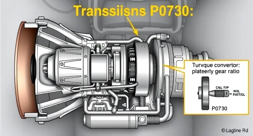 A detailed illustration of a car's transmission system, highlighting the P0730 error code. Include diagrams of the transmission components (torque converter, planetary gear set, etc.) and visual cues representing the incorrect gear ratio. Focus on technical accuracy and clarity.