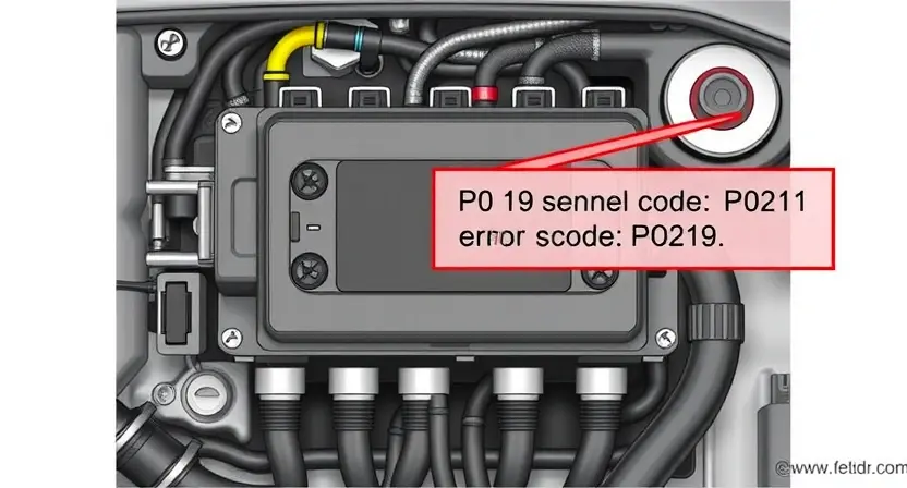 A detailed illustration of an engine control unit (ECU) with various sensors and wiring, highlighting the P0219 error code indicator. The background should be a clean, technical environment.