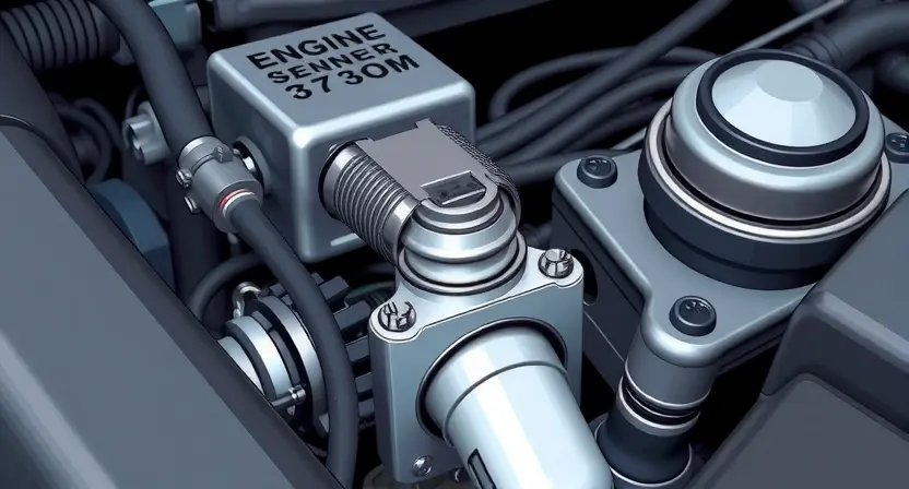 A close-up, detailed illustration of a car's engine bay. Focus on the engine temperature sensor and surrounding components. The image should convey a sense of technical precision and clarity, highlighting the sensor's location and connection points. The overall aesthetic should be clean and informative, suitable for a repair manual or diagnostic guide. Use realistic lighting to emphasize the metallic textures and intricate details.