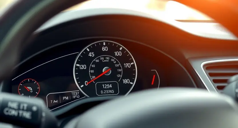 A close-up shot of a car's dashboard, focusing on the instrument cluster. The instrument cluster should display a prominent warning light related to the cruise control system. The overall scene should convey a sense of technical issue or malfunction. The car interior should be clean and modern, but not overly detailed.
