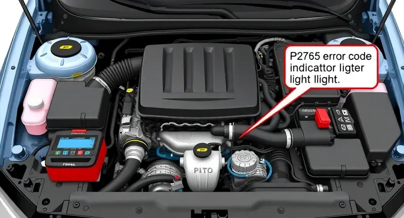 A detailed illustration of a car's engine bay, highlighting the P2765 error code indicator light. Focus on the diagnostic tools and wiring related to the issue. The engine should be partially disassembled to show relevant components.