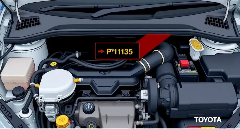 A detailed illustration of a Toyota car engine bay, showcasing the P1135 error code light illuminated on the dashboard. Focus on the engine components, wiring, and the error indicator.