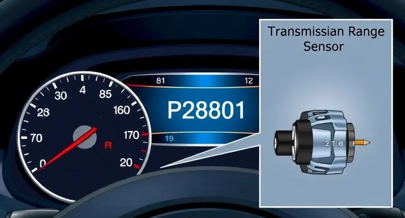 A detailed illustration of a car's dashboard with a prominent error message displaying 'P2801' and a visual representation of a transmission range sensor. The dashboard should be brightly lit and clearly show the error code.