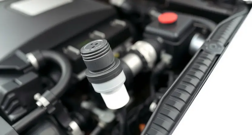 A close-up shot of a car's engine bay, focusing on the mass airflow sensor. The sensor should be clearly visible, with surrounding engine components blurred in the background. The overall lighting should be bright and clean, highlighting the sensor's details.