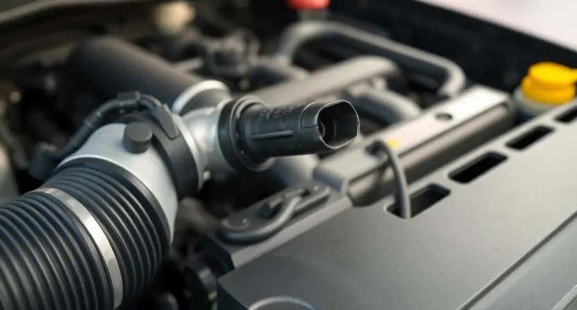 A close-up, detailed image of a car's engine bay, specifically focusing on the mass airflow sensor (MAF sensor). The sensor should be clearly visible, along with surrounding engine components like air intake tubing and wiring. The overall lighting should be bright and even, highlighting the sensor's details. The background should be slightly blurred to emphasize the MAF sensor.