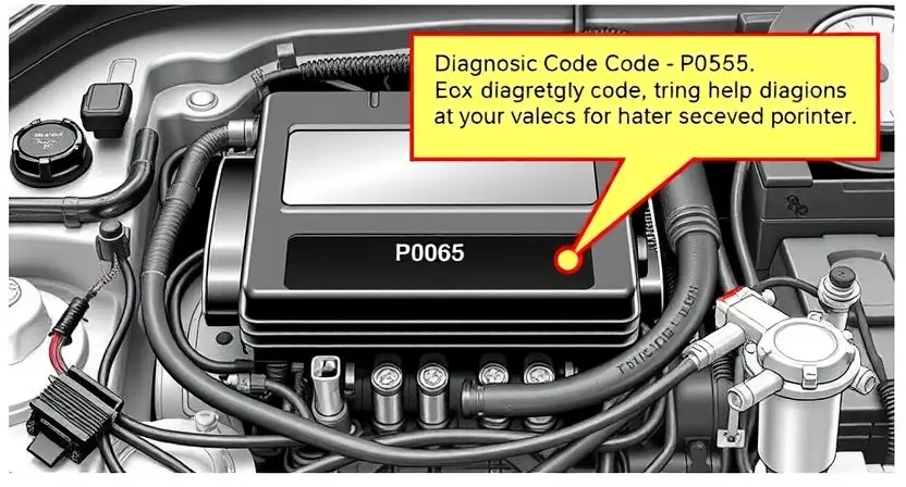 A detailed illustration of an automotive engine control unit (ECU) with a diagnostic code P0565 highlighted. The ECU should be surrounded by various automotive components like sensors, wiring harnesses, and a dashboard. The image should clearly depict the error code and its potential location within the system.
