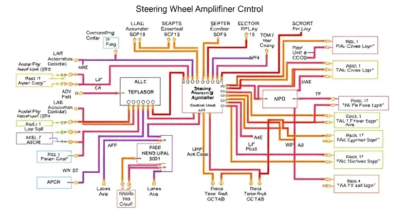 A detailed diagram illustrating the steering wheel amplifier control circuit, showing all components like sensors, actuators, and control unit, with clear labels and connections. Focus on the electronic components and their relationships.