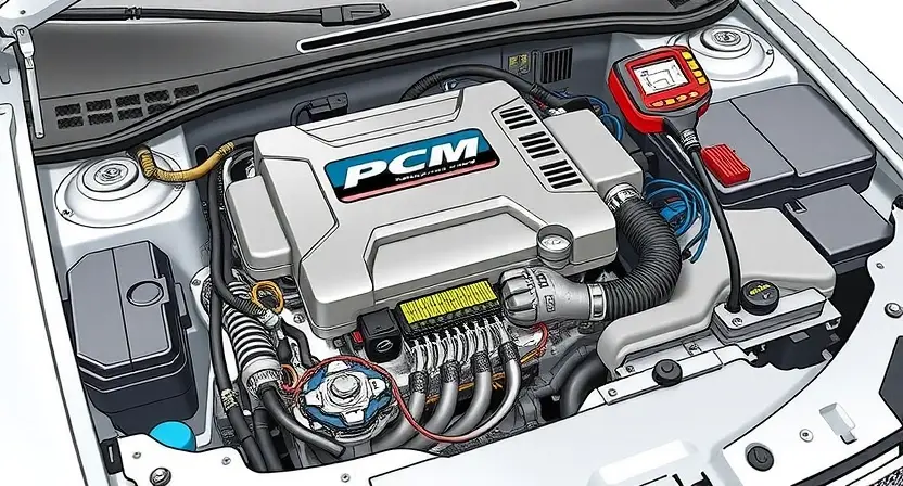 A detailed illustration of a car's engine bay, specifically highlighting the PCM (Powertrain Control Module) and related wiring. The PCM should be clearly visible, with diagnostic tools and a scan tool connected to it. Focus on the electronic components and wiring harnesses.