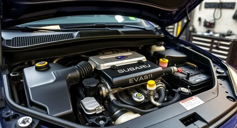 A clean, well-maintained Subaru engine bay with visible EVAP system components, showing no signs of leaks or damage, in a professional automotive workshop setting with soft lighting and organized tools in the background