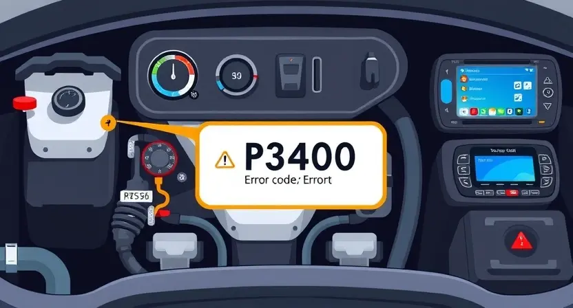 A high-quality technical illustration showing a car engine control system with a highlighted P3400 error code, clean digital interface, professional automotive diagnostic tools, no text or numbers on the image, no people, no handwritten signs