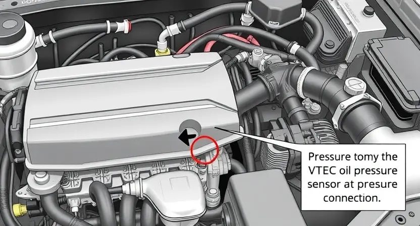A detailed illustration of an engine bay with a focus on the VTEC oil pressure sensor. The sensor should be clearly visible, surrounded by relevant engine components like hoses, wires, and the engine block. The image should depict a potential issue with the sensor, perhaps with a visual representation of a pressure drop or a damaged connection.