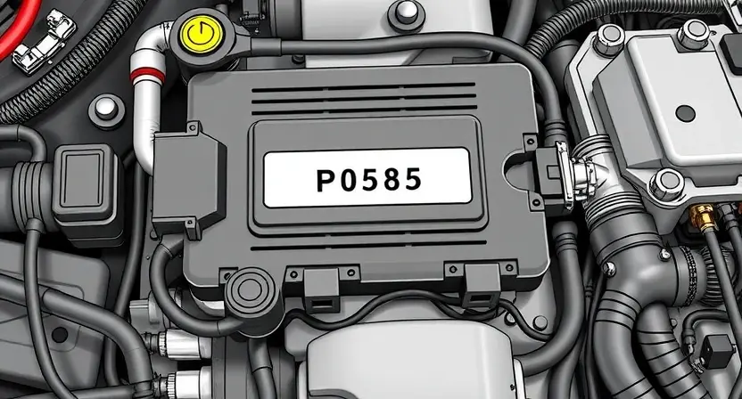 A detailed illustration of an automotive engine control unit (ECU) with various sensors and wiring, highlighting the P0585 error code indicator. The ECU should be rendered with a realistic, technical style, showcasing intricate details.