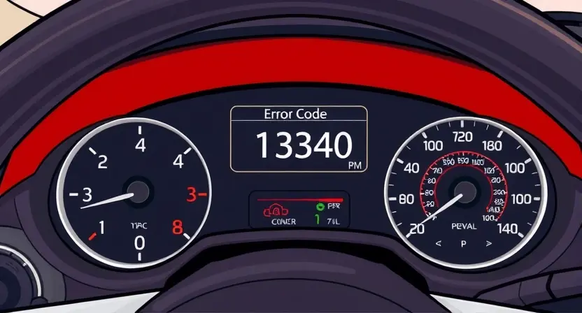 A detailed illustration of a car's dashboard with a diagnostic display showing error code P1340. The dashboard should be realistically rendered, with clear indicators and gauges. The error code should be prominently displayed on the screen.