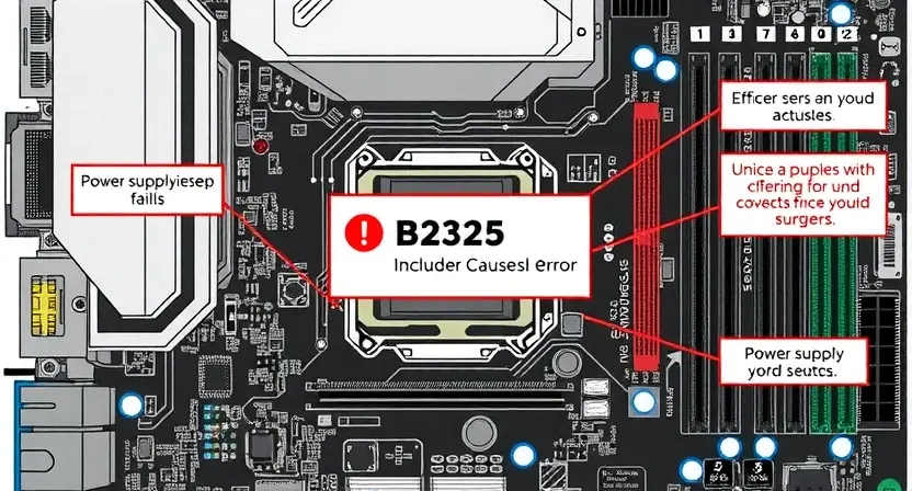 A detailed illustration depicting a computer motherboard with a highlighted area showing the B2325 error. Include visual cues representing potential causes like overheating, power supply issues, or faulty components. Focus on clarity and technical accuracy.