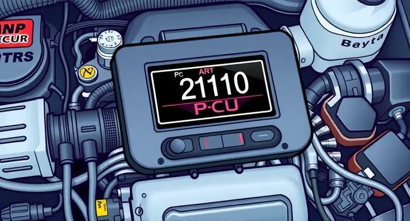 A detailed illustration of a car's engine control unit (ECU) displaying a P2110 error code. The ECU should be prominently featured, with the error code clearly visible on its screen. Around the ECU, depict various engine components like sensors, wiring harnesses, and the engine block, subtly suggesting a potential issue with engine speed limitation. Focus on technical accuracy and clarity, emphasizing the diagnostic aspect of the error.
