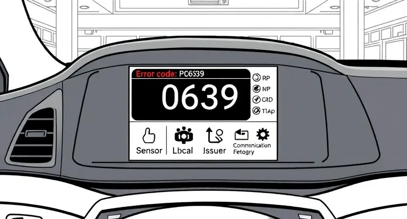 A detailed illustration of a car's diagnostic interface displaying error code P0639. The interface should show the code prominently, along with a visual representation of the relevant system (e.g., transmission control module). Include icons representing potential causes of the error, such as sensor malfunctions or communication issues. The background should be a clean, professional automotive workshop setting.