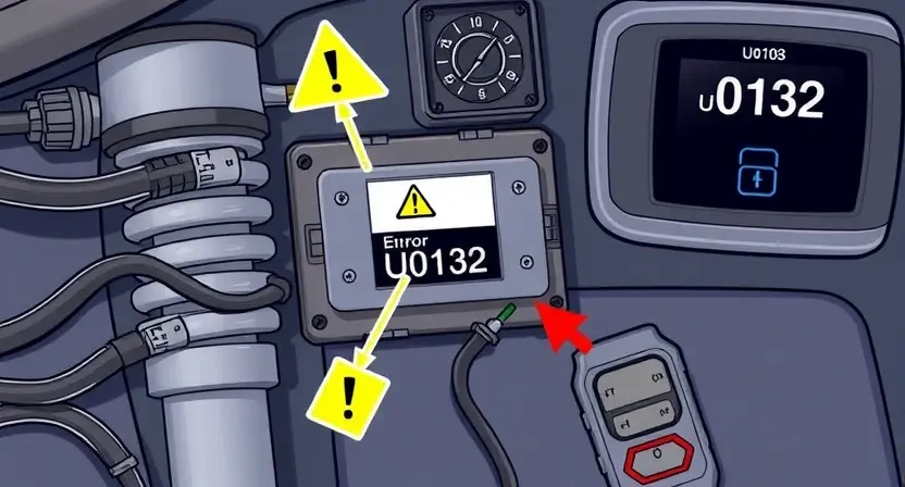 A detailed technical illustration of a vehicle suspension control module with wiring harnesses and diagnostic tools, showing a disconnected or damaged communication line between the module and suspension components, with subtle warning symbols like a yellow triangle with an exclamation mark and the error code 'U0132' displayed on a digital dashboard screen in the background, all in a clean, professional automotive engineering style