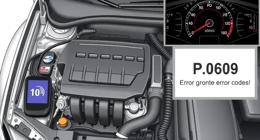 A detailed illustration of a car's engine bay with various diagnostic tools and a dashboard displaying error codes. Focus on the P0609 error code indicator.