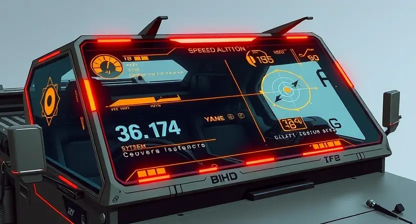 A detailed illustration of a futuristic HUD (Heads-Up Display) system integrated into a military vehicle's windshield. The HUD should display various data points like speed, altitude, target information, and system status in a clear, organized manner. Include glowing lines and symbols representing data streams. The vehicle should be partially visible, emphasizing the HUD's integration.