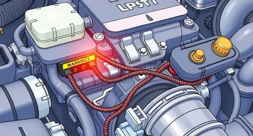 A detailed technical illustration of an automotive engine control system showing a broken wiring harness in the control circuit, with visible damaged wires, connectors, and a warning indicator light, rendered in high-quality technical diagram style