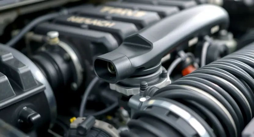 A close-up, detailed image of a car's engine bay, focusing on the mass airflow sensor. The sensor should be clearly visible, with surrounding engine components slightly blurred to maintain focus. The overall lighting should be bright and even, highlighting the sensor's details.