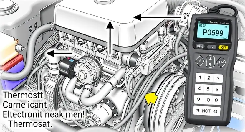 A detailed illustration of an automotive engine with a focus on the electronic thermostat and its surrounding components. The thermostat should be clearly visible, with arrows indicating its flow direction. Show wiring and connectors related to the thermostat. Include a diagnostic tool displaying the P0599 error code.