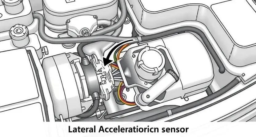 A detailed illustration of a car's internal system, highlighting the lateral acceleration sensor. The sensor should be clearly visible, connected to the car's wiring harness, and positioned within the vehicle's chassis. Include visual cues indicating a malfunction, such as a broken wire or a damaged sensor housing. Focus on technical accuracy and clarity.