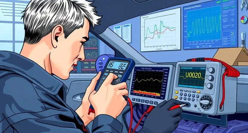 A detailed technical illustration showing a mechanic using a multimeter and oscilloscope to diagnose a U0020 error code in an LS-CAN network of a vehicle, with visible wiring harness, ECU, and diagnostic tools displaying waveforms and voltage readings, set in a well-lit automotive workshop with tools and schematics in the background