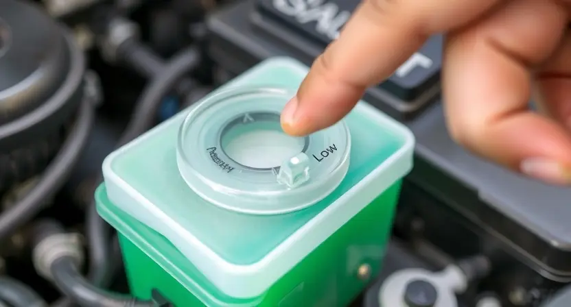 A close-up shot of a car's coolant reservoir with a clear liquid level indicator. The reservoir should be partially filled with green coolant. A hand is gently pointing to the 'low' mark on the indicator. The background is blurred, showing a car engine bay.