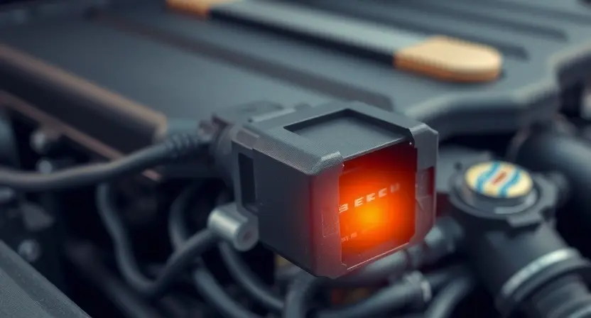 A close-up, detailed illustration of an engine control unit (ECU) with a highlighted sensor connection. The image should visually represent an electrical anomaly or voltage fluctuation within the sensor circuit. Focus on the wiring and the sensor itself, emphasizing a sense of technical malfunction. Use subtle visual cues to suggest instability or irregularity in the electrical flow. The background should be a blurred automotive engine bay.