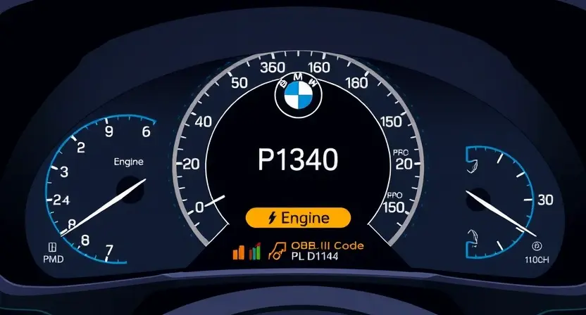 A high-quality technical illustration of a BMW vehicle dashboard showing an illuminated engine warning light with the specific OBD-II code P1340 highlighted, surrounded by subtle diagnostic symbols and circuit diagrams, clean white background, professional automotive repair aesthetic