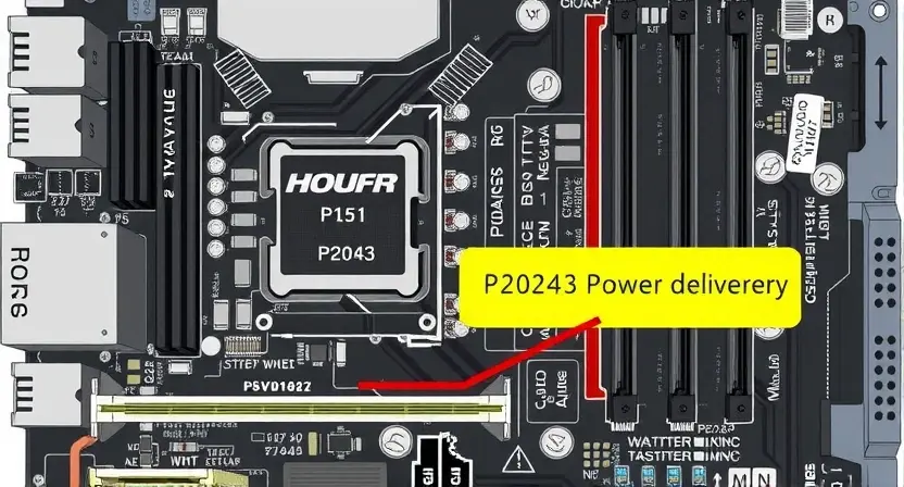A detailed diagram illustrating a computer motherboard with a highlighted P2043 error indicator. Focus on the components related to power supply and voltage regulation. Include visual cues suggesting a power delivery issue, such as slightly distorted power lines or a stressed capacitor. The overall aesthetic should be clean and technical, resembling a repair manual illustration.