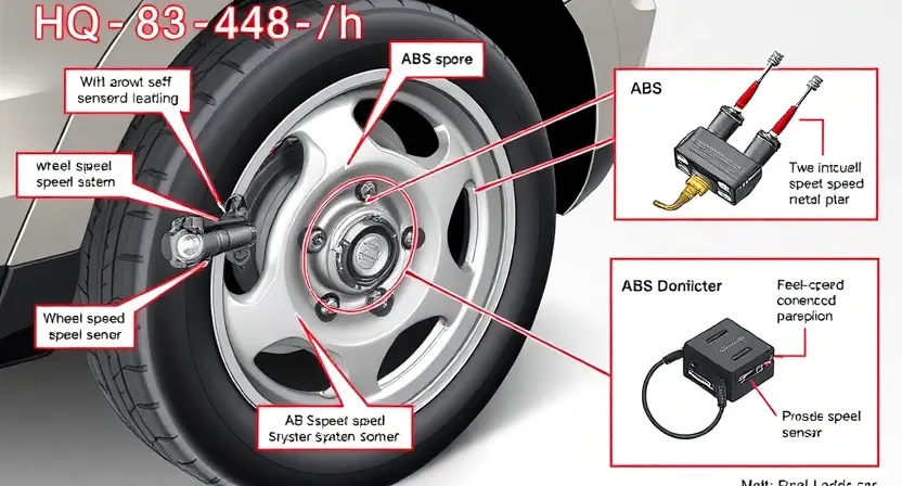 A high-quality technical illustration showing a car's wheel speed sensor and ABS system components, with clear labels and diagrams indicating error C0245, focusing on diagnostic elements like wiring, connectors, and sensor placement, rendered in the style "HQ-832-448-h"