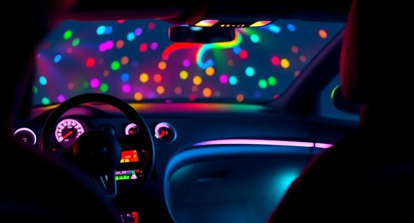 A detailed illustration of a car's interior showing a background multicolor lighting system. Focus on the control panel and the lighting effects illuminating the dashboard and surrounding areas. The lighting should be vibrant and colorful, with a subtle glow.