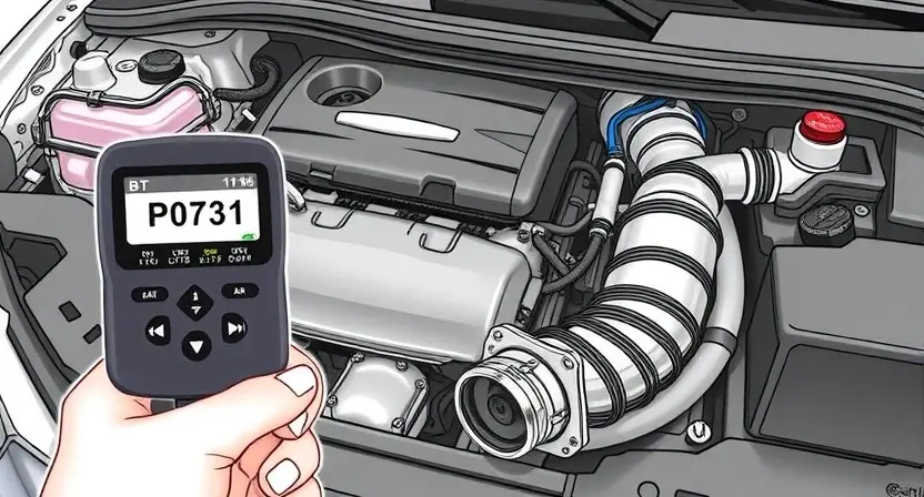 A detailed illustration of a car's engine bay with a diagnostic code reader displaying "P0731". The engine should be partially visible, showcasing key components like the exhaust manifold and catalytic converter. Focus on clarity and technical accuracy.