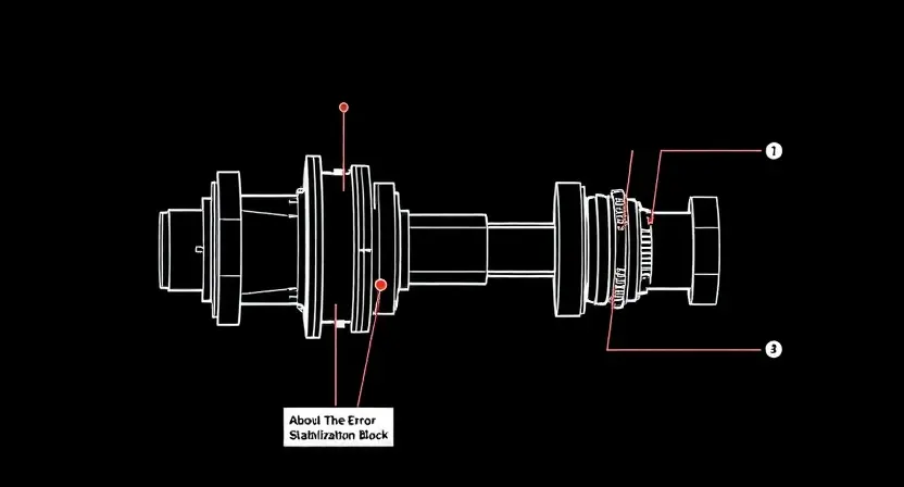 A high-quality technical illustration showing a dynamic stabilization block with clear error indicators, clean lines, professional technical style, no text or numbers on the image