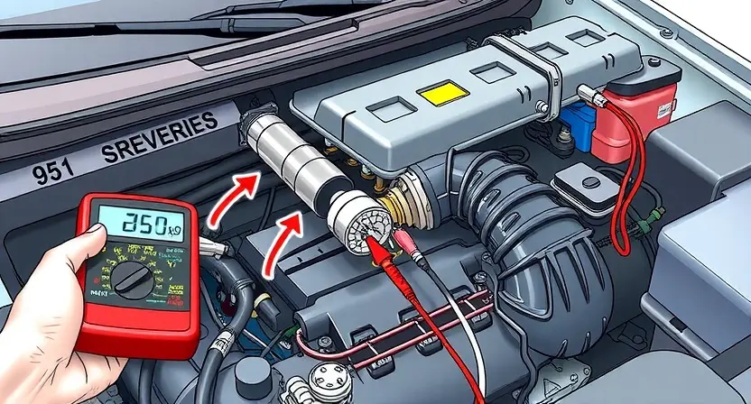 A detailed, high-quality illustration of a car's engine bay, focusing on the intake valve solenoid and its associated wiring harness. The solenoid should be clearly visible, with arrows pointing to the relevant components and wiring. Include a diagnostic tool (like a multimeter) being used to test the solenoid. The overall scene should convey a sense of technical inspection and problem-solving. The engine bay should be clean and well-lit, showcasing the components in detail. Focus on the area ar