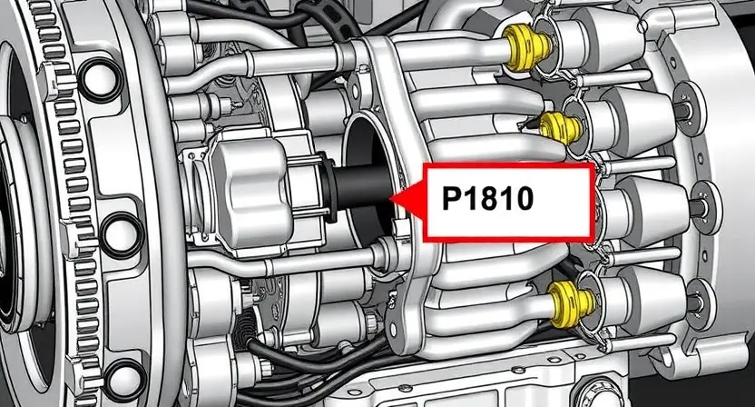 A detailed, realistic illustration of an automatic transmission (АКПП) with a highlighted component labeled 'P1810 error'. The illustration should show the internal workings of the transmission, focusing on the relevant sensor or circuit associated with the error code. Include clear visual cues indicating a malfunction or problem in the circuit.