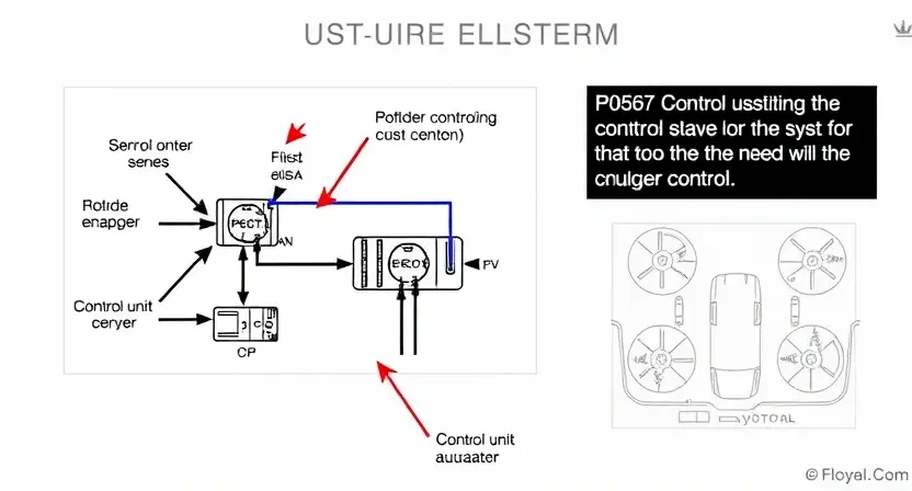 A detailed illustration of a cruise control system with highlighted components related to the P0567 error code. Include a diagram showing the sensor, control unit, and actuator. Focus on the visual representation of the system's functionality and potential failure points.