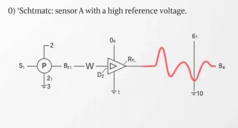 A schematic diagram illustrating sensor A with a high reference voltage. The diagram should show the sensor, the reference voltage source, and the impact of the high voltage on the sensor's output. Use clear lines and labels.