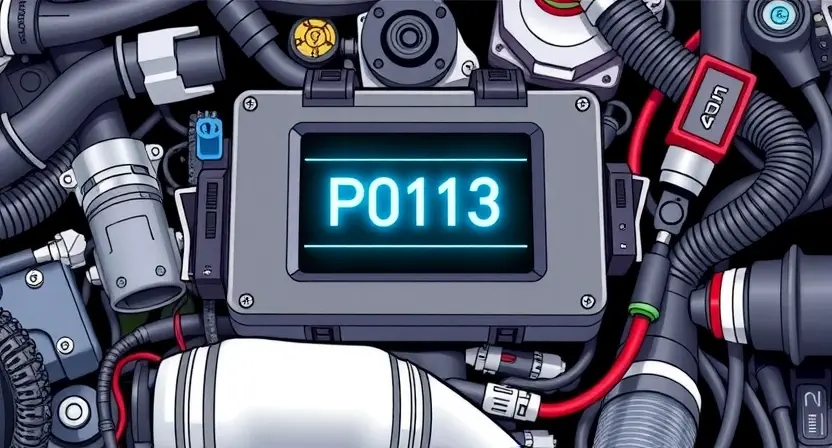 A detailed illustration of an automotive engine control unit (ECU) displaying a P0113 error code. The ECU should be surrounded by various automotive components like sensors, wiring harnesses, and hoses. Focus on the error code display on the ECU screen, highlighting the 'P0113' message. Include visual cues representing the potential causes of the error, such as a faulty sensor or wiring issue.