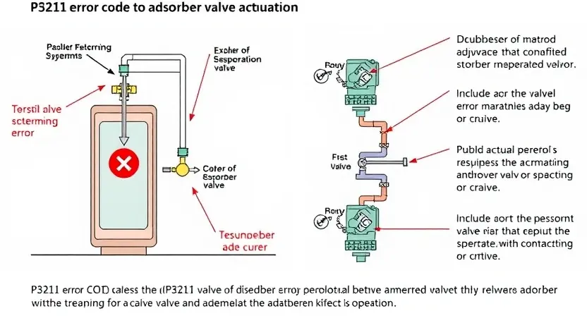 A detailed diagram illustrating the P3211 error code related to adsorber valve actuation. The diagram should show the adsorber system, the valve, and the potential causes of the error. Include visual cues representing the valve's operation and malfunction.