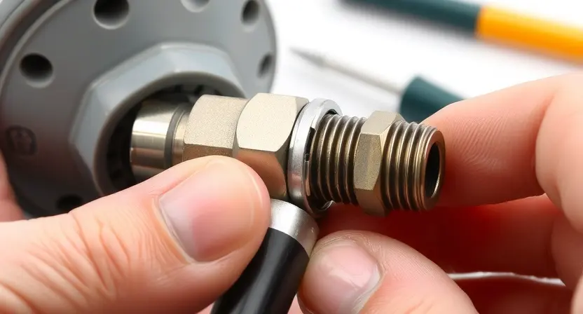 A close-up, detailed photograph of a differential pressure sensor being carefully removed from a device. Focus on the sensor's connections and internal components. Tools like a screwdriver and possibly a multimeter are subtly visible in the background, suggesting a repair or diagnostic process. The overall lighting should be bright and even, highlighting the sensor's details.