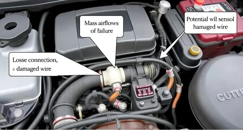 A detailed diagram illustrating a car's engine control system, specifically highlighting the mass airflow sensor (MAF) and its connection to the engine. Show a visual representation of a wiring harness and potential points of failure (e.g., loose connection, damaged wire). Include arrows indicating airflow direction. Focus on the sensor and its immediate surroundings within the engine bay.