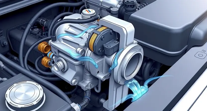 A detailed illustration of a car's engine compartment, focusing on the cooling system. Show a close-up of the water pump, with coolant flowing around it. Include hoses connecting the pump to the radiator and engine block. The background should be slightly blurred to emphasize the pump.