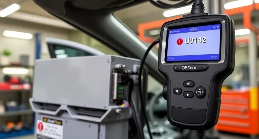 A modern car's body control module (BCM) with visible wiring harnesses and diagnostic scanner connected via OBD-II port, showing error code U0142 on the scanner screen, set in a well-lit automotive repair shop with tools and vehicle interior visible in the background, realistic style, high detail