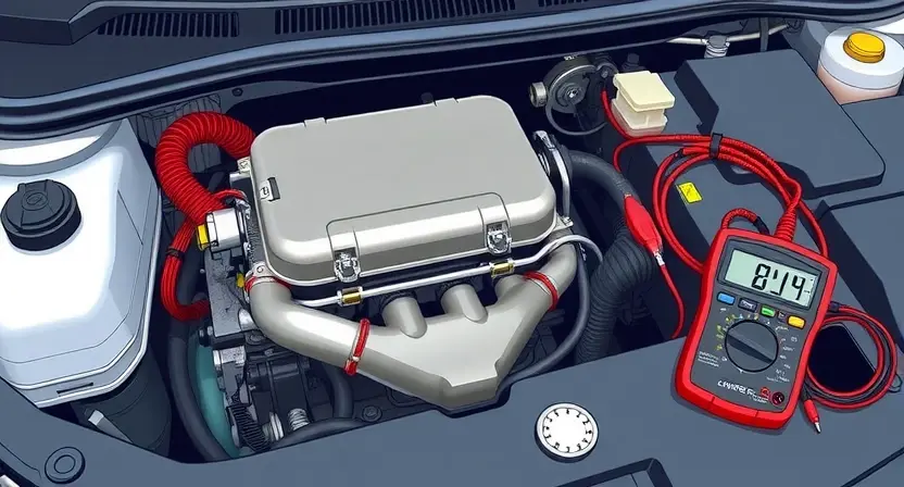 A detailed illustration of an automotive engine bay, focusing on the catalytic converter and associated wiring. The catalytic converter should be clearly visible, with diagnostic tools and a multimeter placed nearby. The overall scene should depict a mechanic inspecting the engine for a P0132 code.
